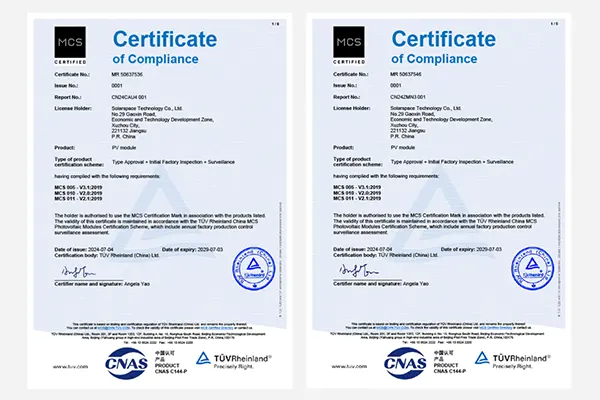 SolarSpace Achieves MCS Certification for Full Range of Modules